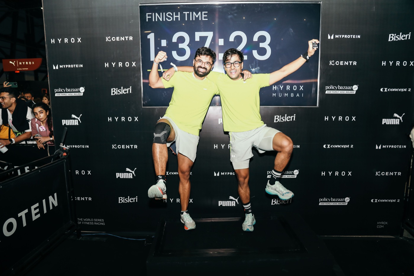 Naman and Tezuesh at the HYROX Mumbai 2025 Men's Doubles finish — 1:37:23, where it all started